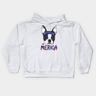 Boston Terrier Merica Bandana USA Flag 4th Of July Kids Hoodie